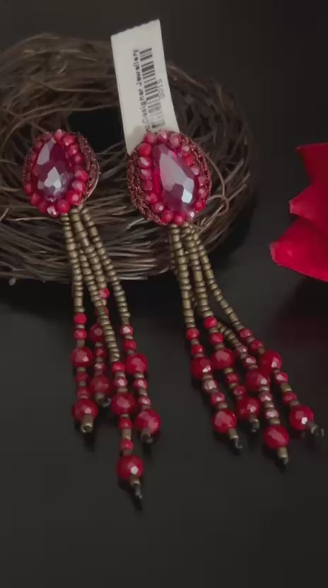 Red Beaded Tassel Earrings with Stone – Festive Party Wear Jewellery